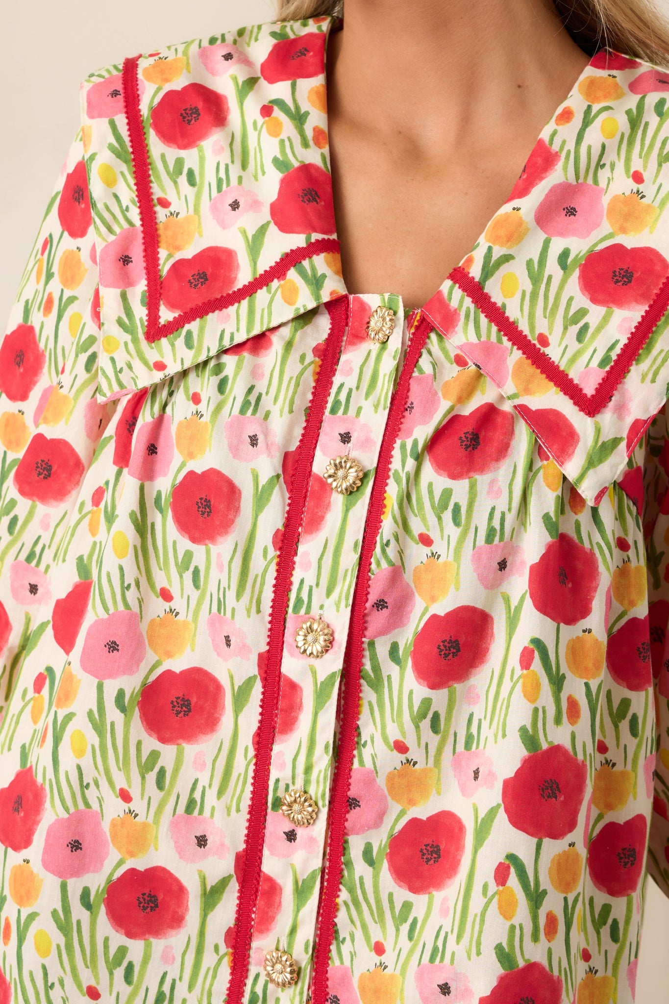 Morning Delight Cotton Red Button Front Blouse