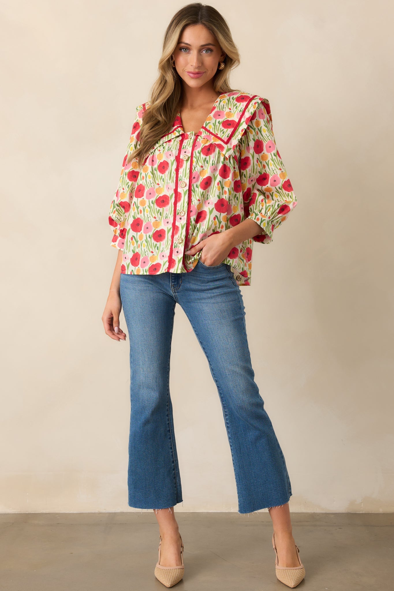 Morning Delight Cotton Red Button Front Blouse
