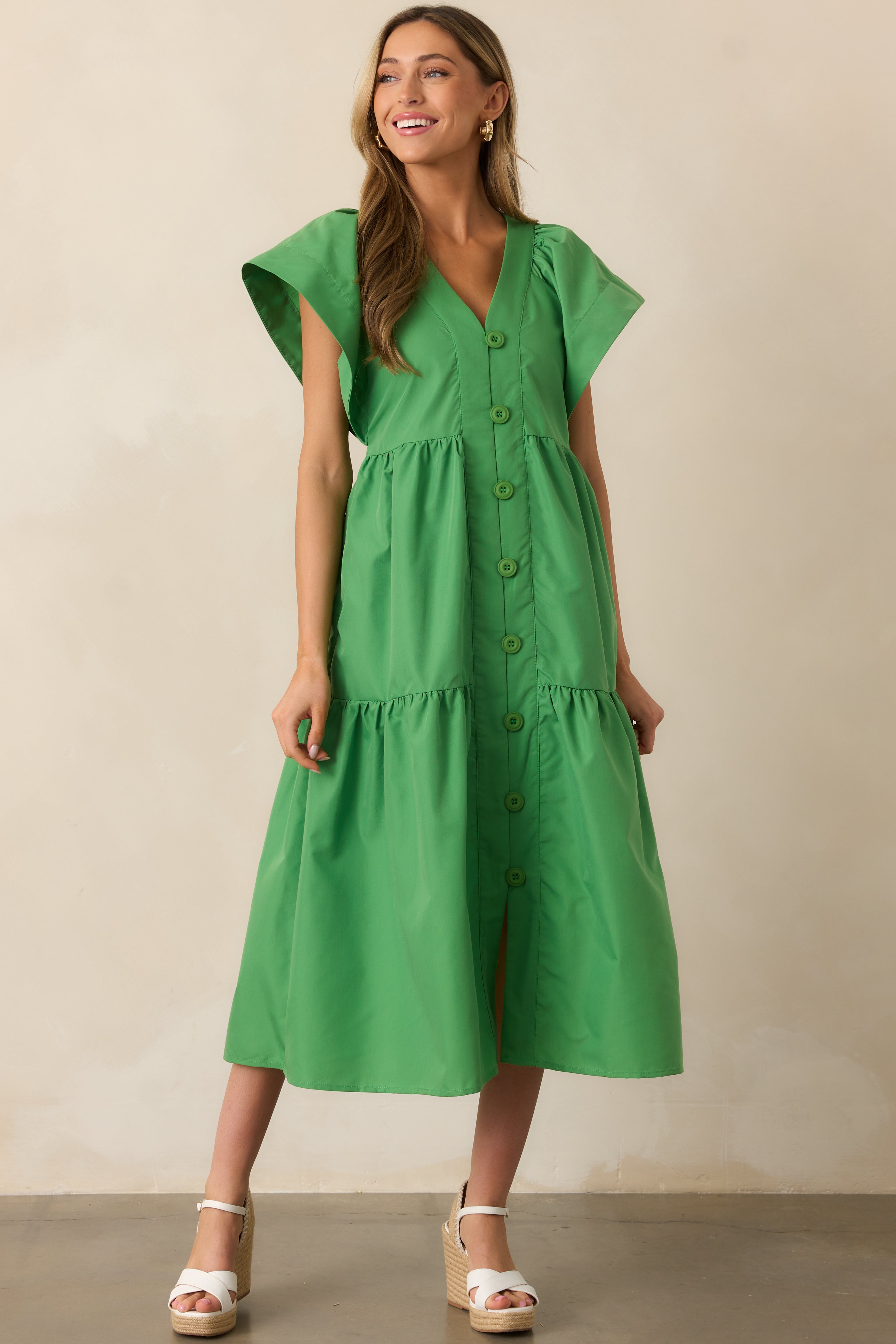 Living In A Small Town Green Button Front Midi Dress
