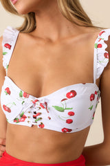 Time To Relax White Cherry Ruffle Lace-Up Bikini Top