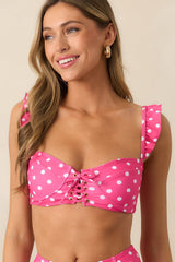 Time To Relax Pink Polka Dot Ruffle Lace-Up Bikini Top