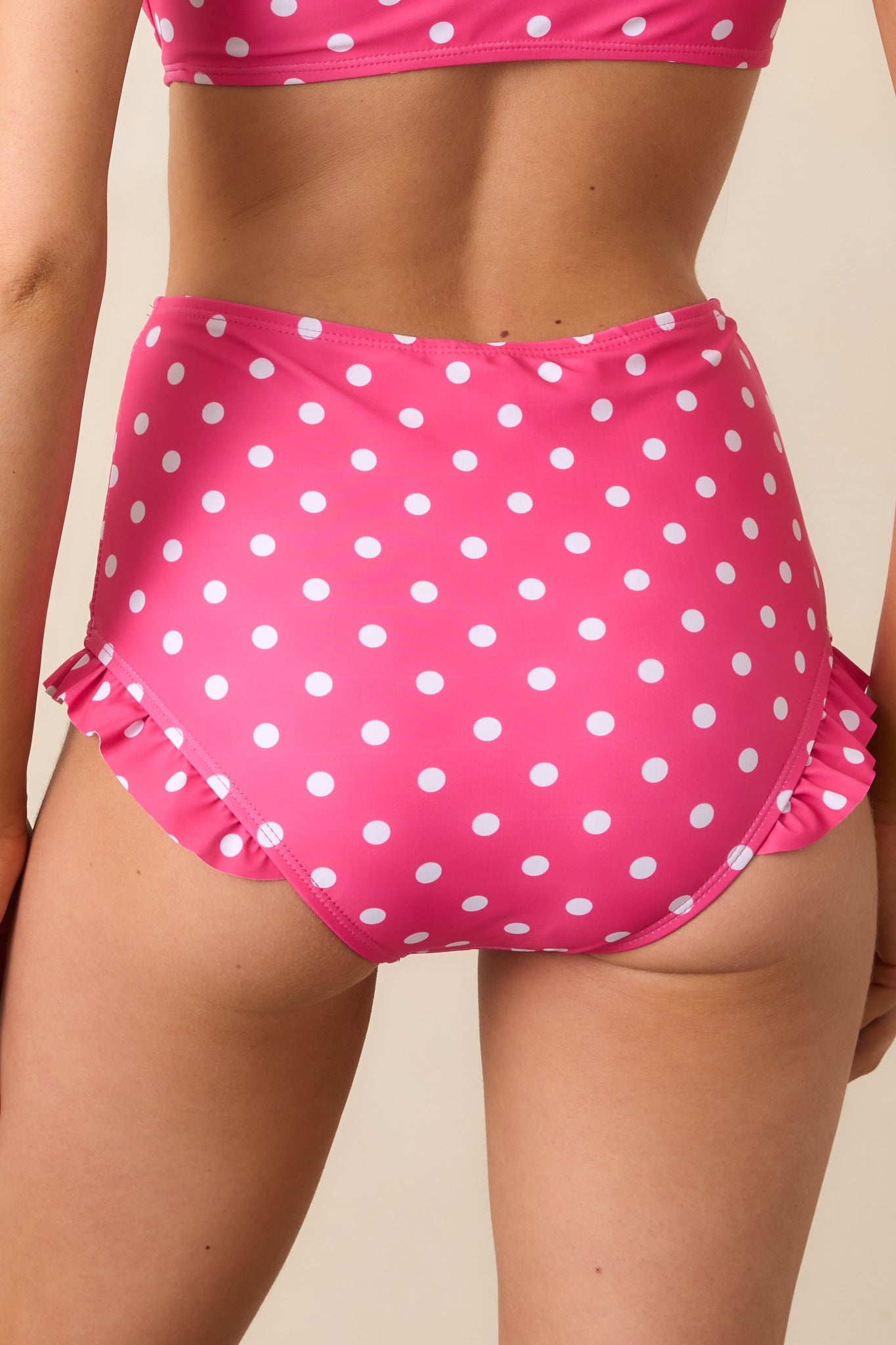 Under The Sun Pink Polka Dot High-Waisted Ruffle Trim Bikini Bottoms