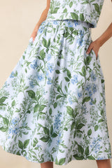 Thena Blue Lilacs Botanical Print Cotton Midi Skirt