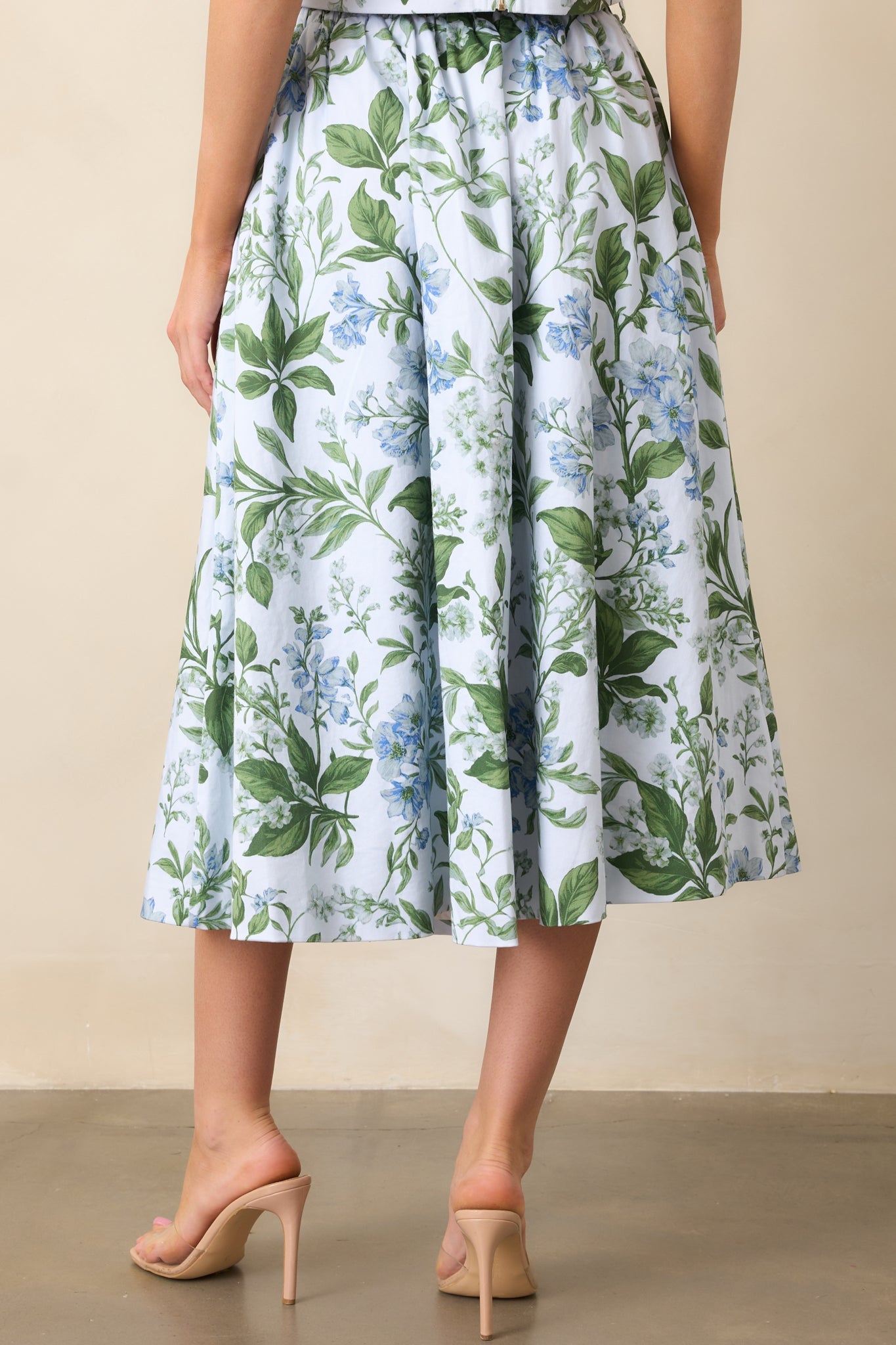 Thena Blue Lilacs Botanical Print Cotton Midi Skirt