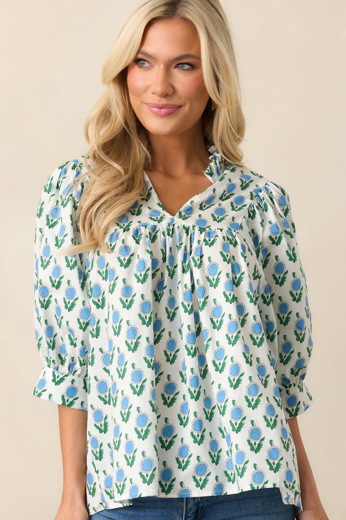 Slow Mornings Blue Floral Cotton Puff Sleeve Top