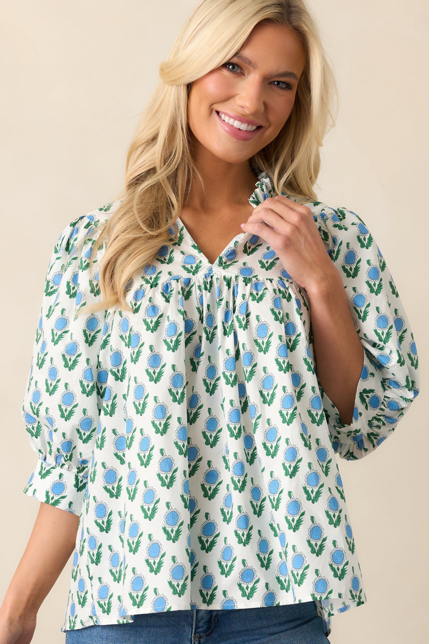 Slow Mornings Blue Floral Cotton Puff Sleeve Top