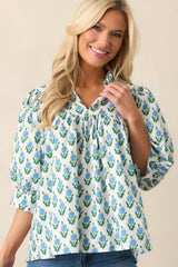 Slow Mornings Blue Floral Cotton Puff Sleeve Top
