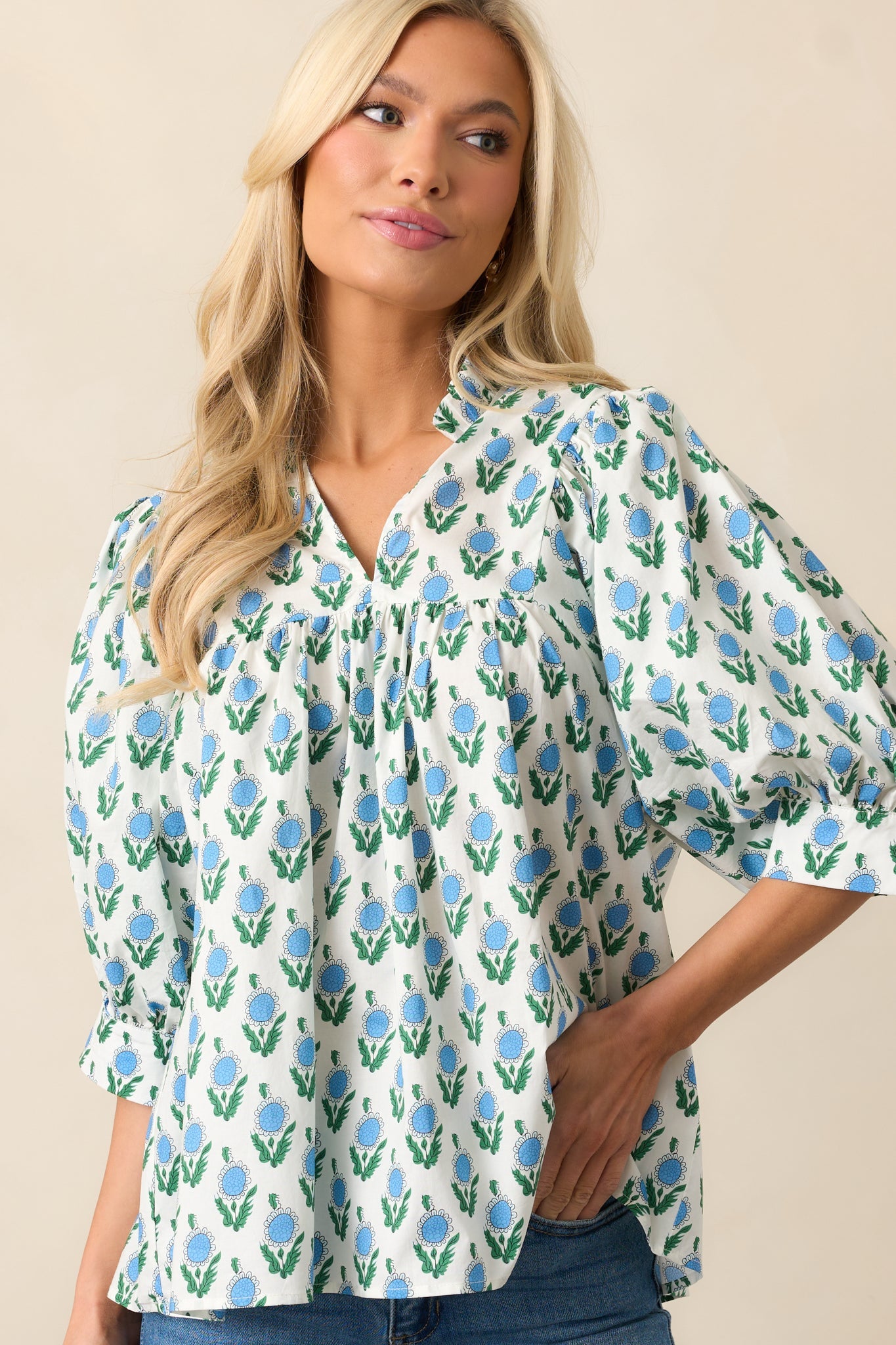 Slow Mornings Blue Floral Cotton Puff Sleeve Top