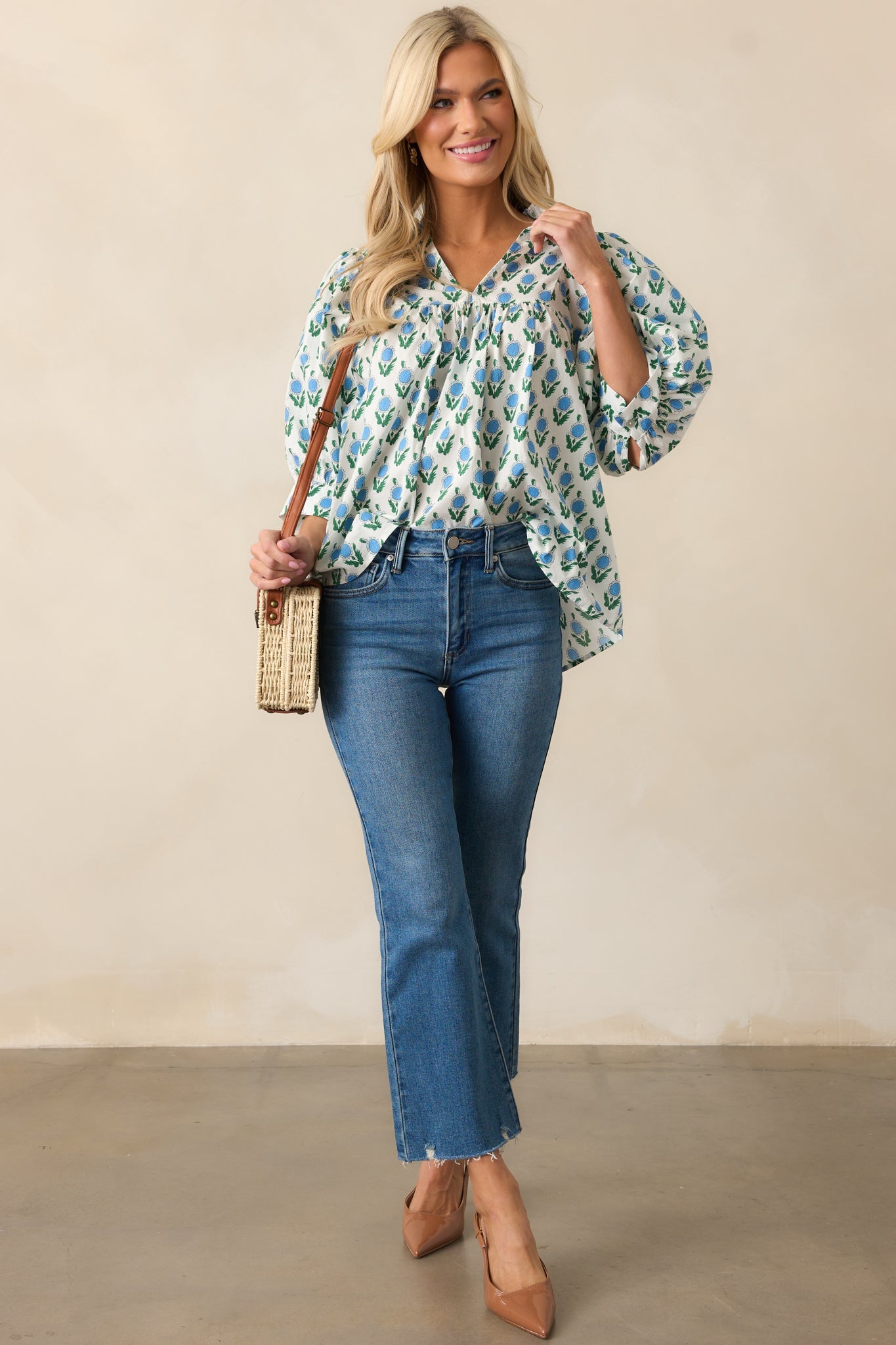 Slow Mornings Blue Floral Cotton Puff Sleeve Top
