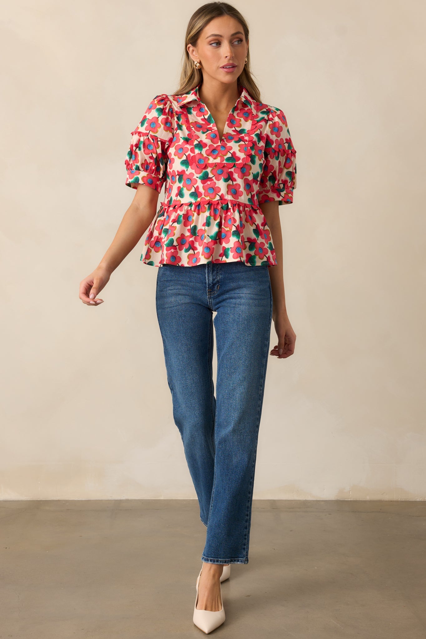 The First Bloom Red Floral Cotton Puff Sleeve Peplum Top