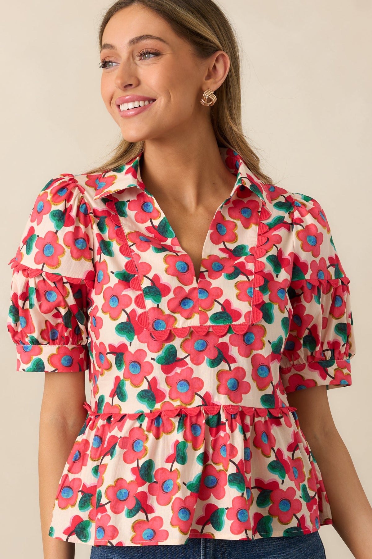The First Bloom Red Floral Cotton Puff Sleeve Peplum Top