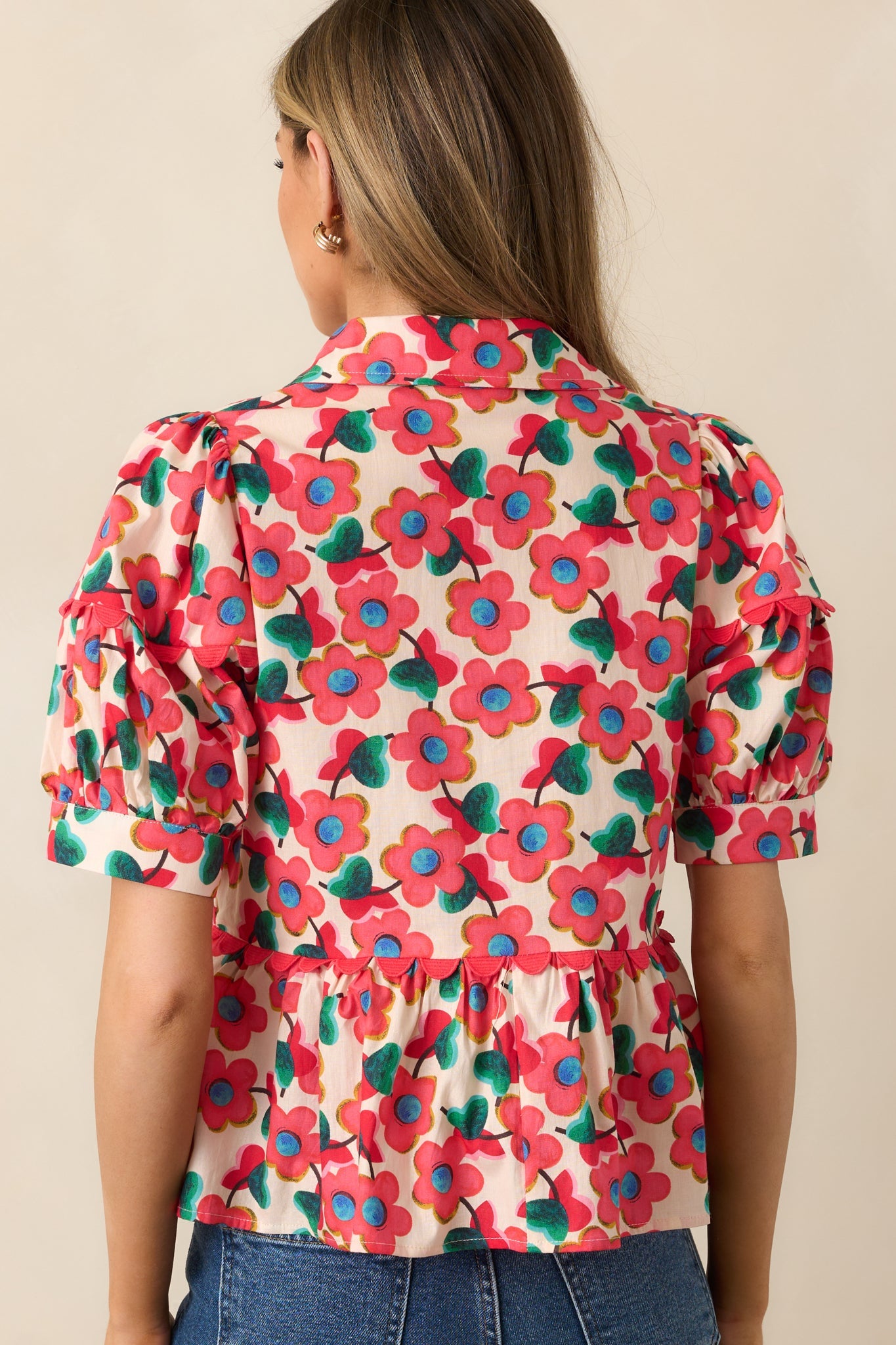 The First Bloom Red Floral Cotton Puff Sleeve Peplum Top