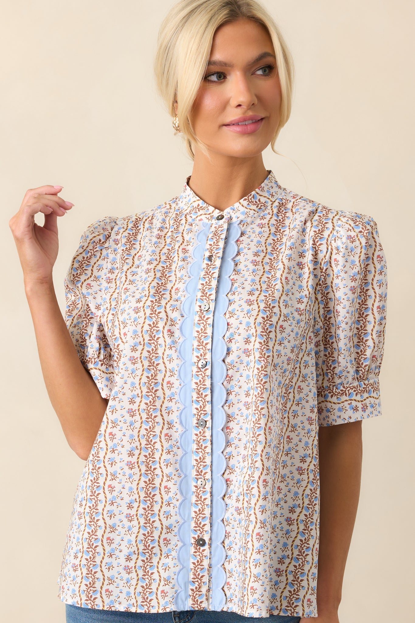 The Road Ahead Light Blue Floral Cotton Button Front Top