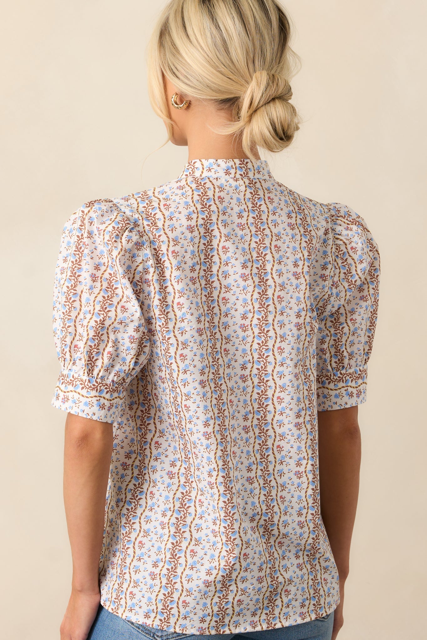 The Road Ahead Light Blue Floral Cotton Button Front Top