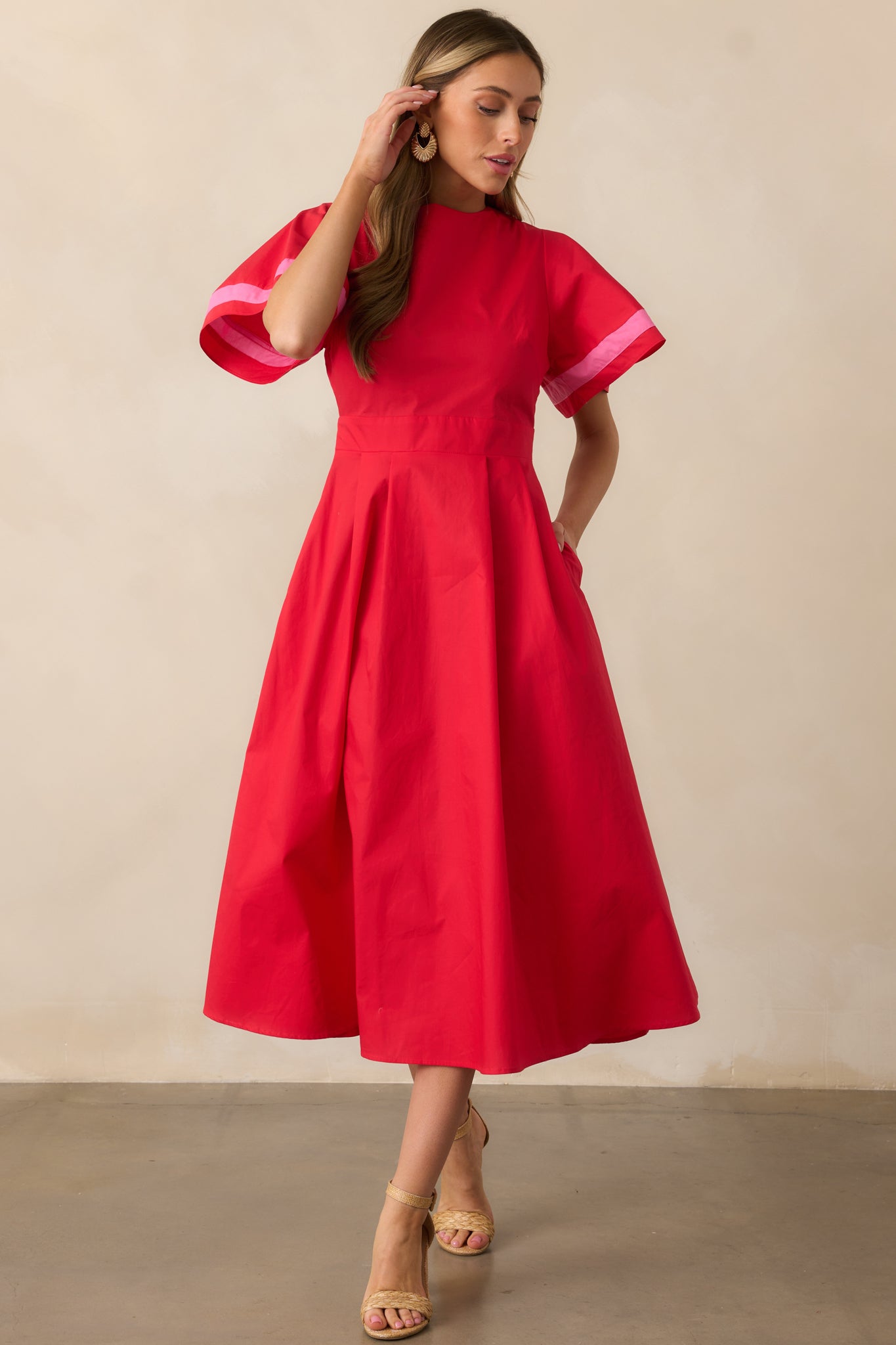 Local Art Show Cotton Red Short Sleeve Midi Dress
