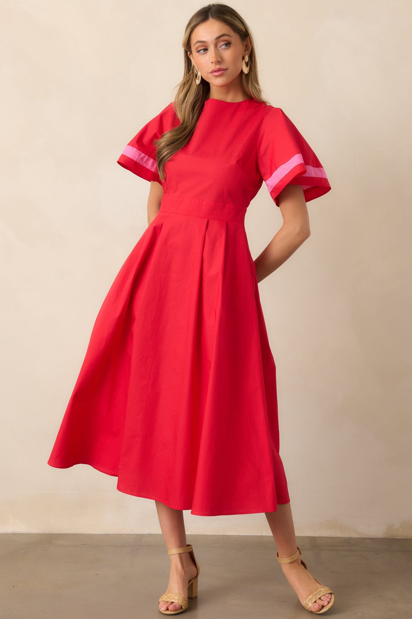 Local Art Show Cotton Red Short Sleeve Midi Dress