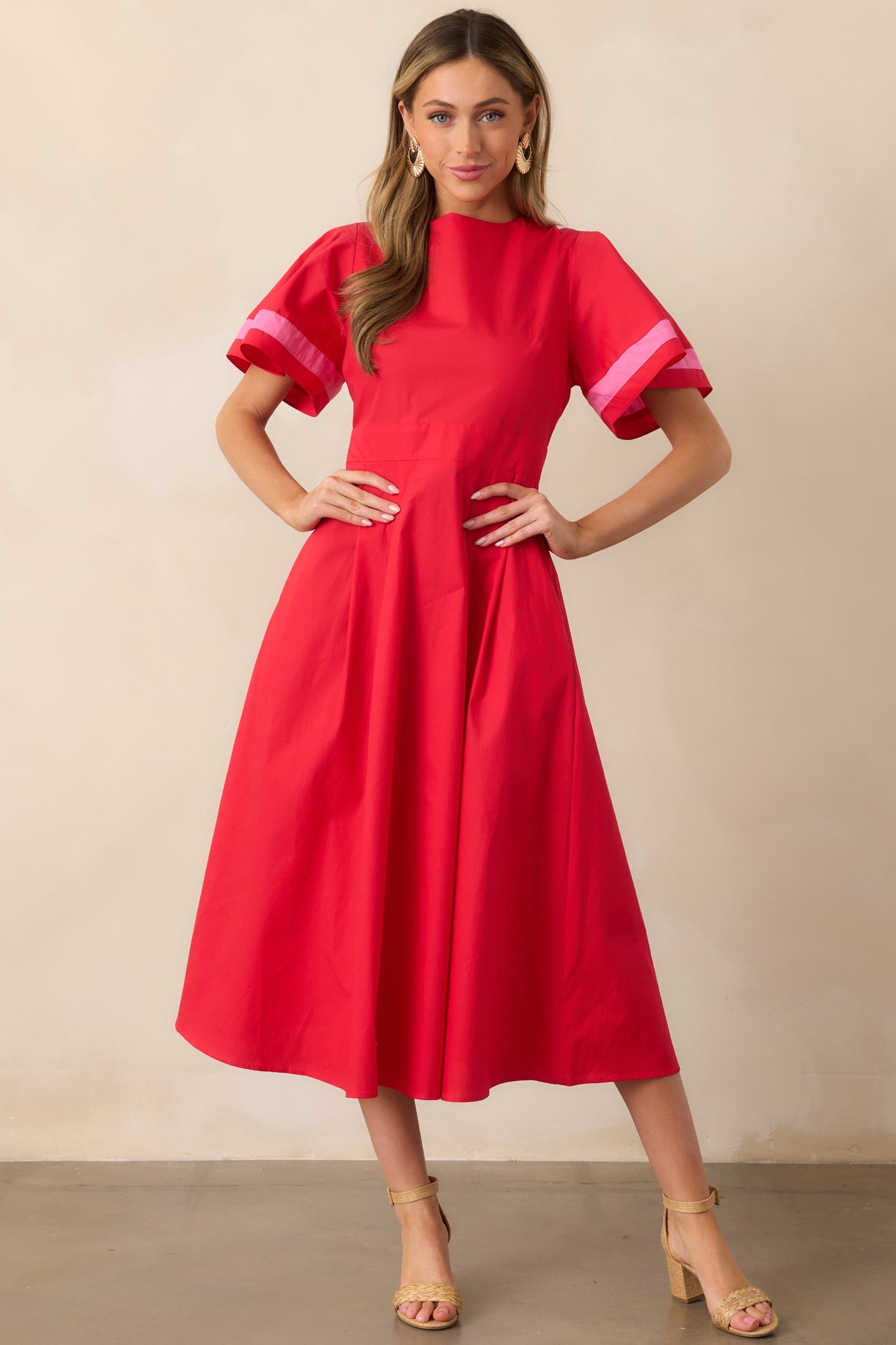 Local Art Show Cotton Red Short Sleeve Midi Dress
