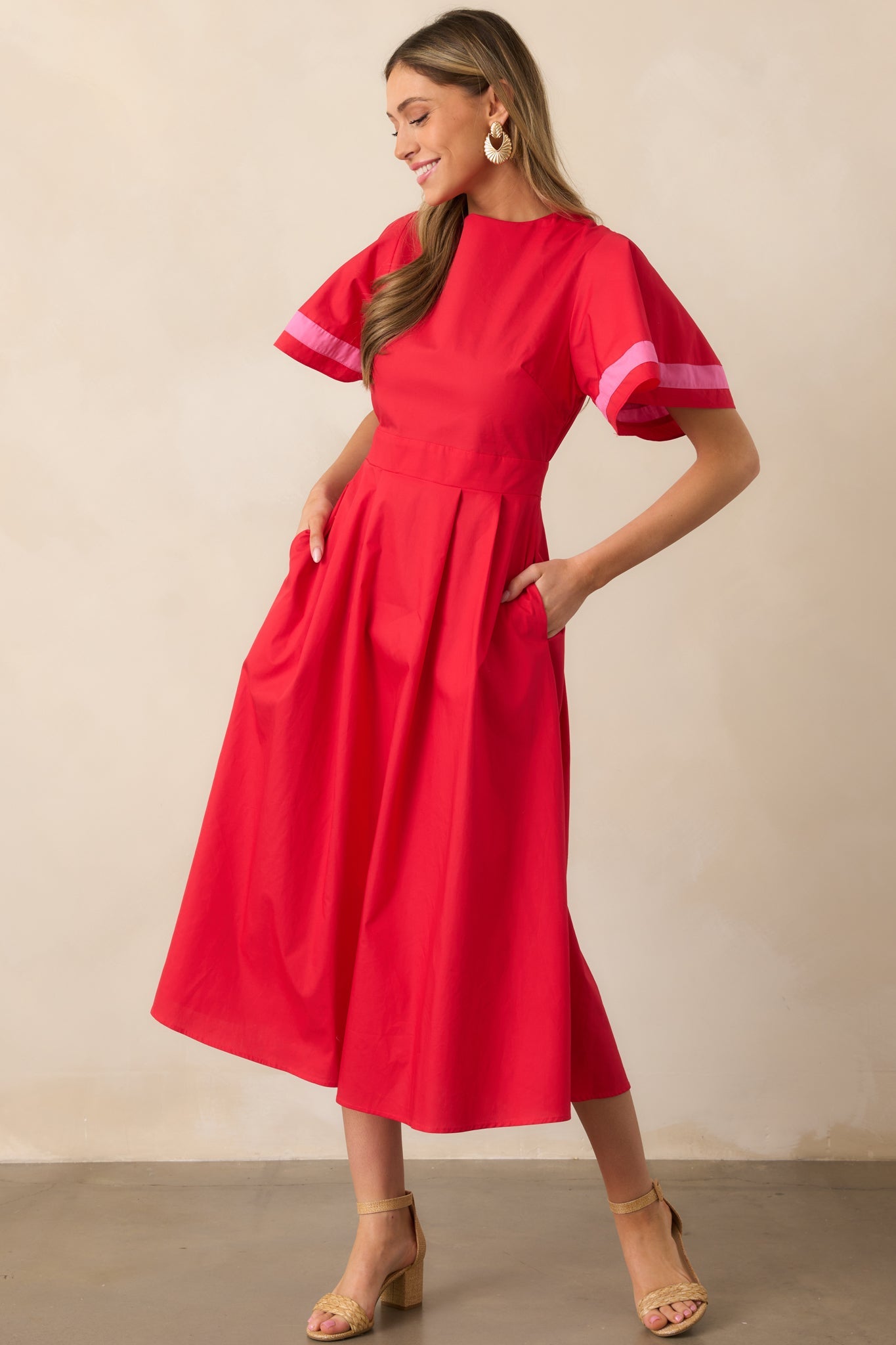 Local Art Show Cotton Red Short Sleeve Midi Dress