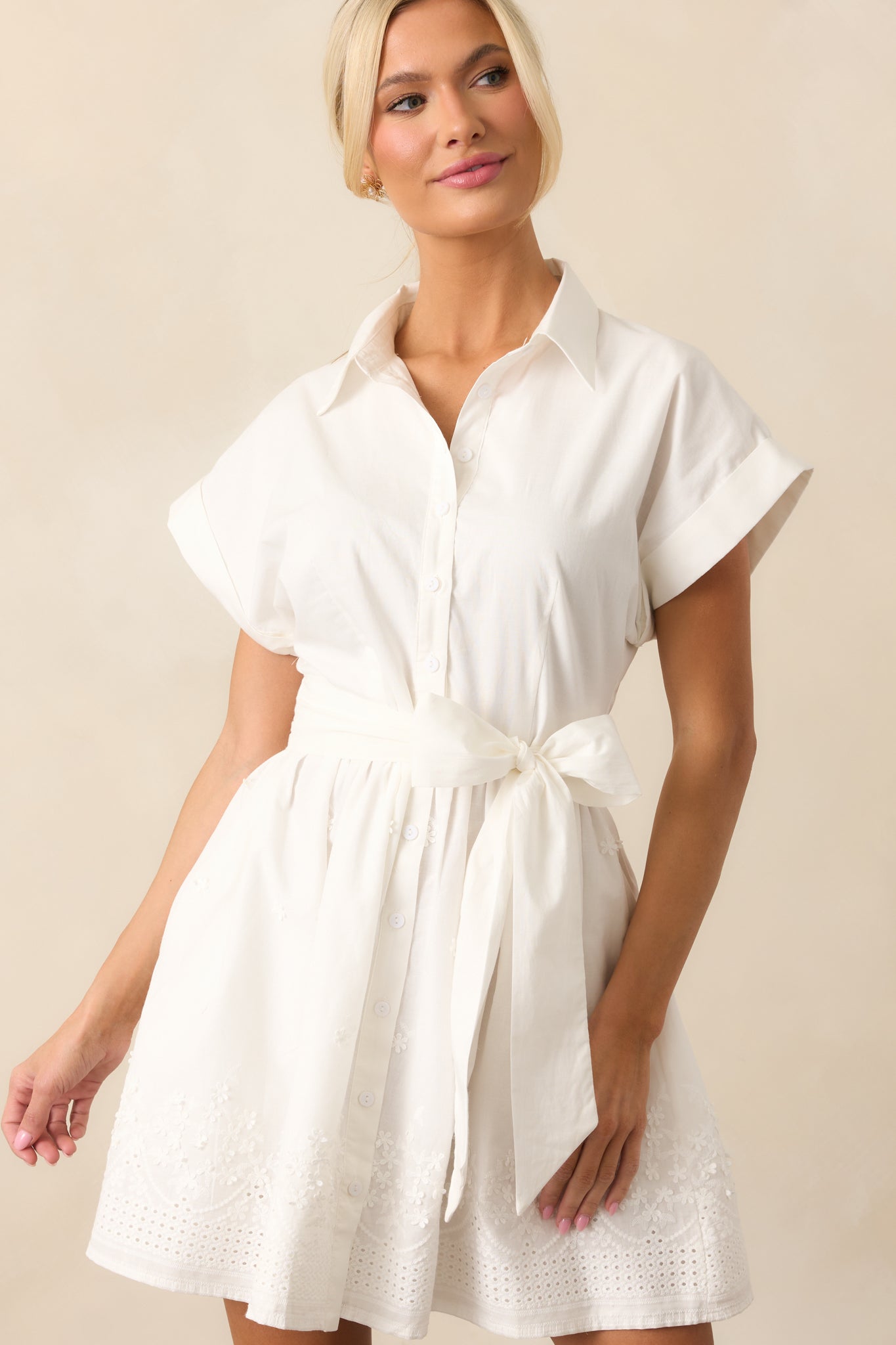 Morning Markets Cotton White Botton Front Mini Dress