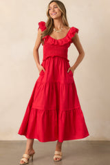 Patio Sunsets Cotton Red Maxi Dress