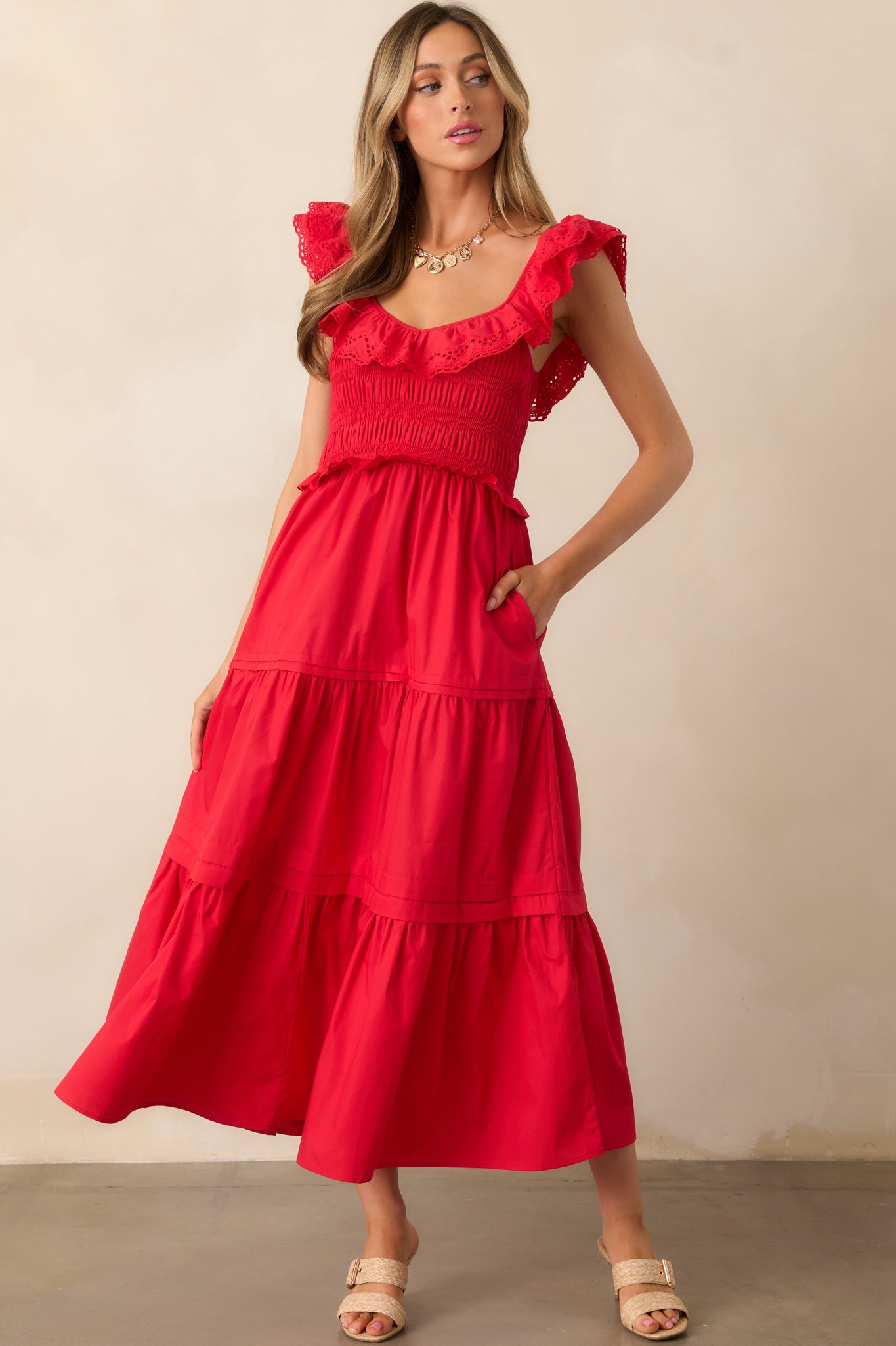 Patio Sunsets Cotton Red Maxi Dress