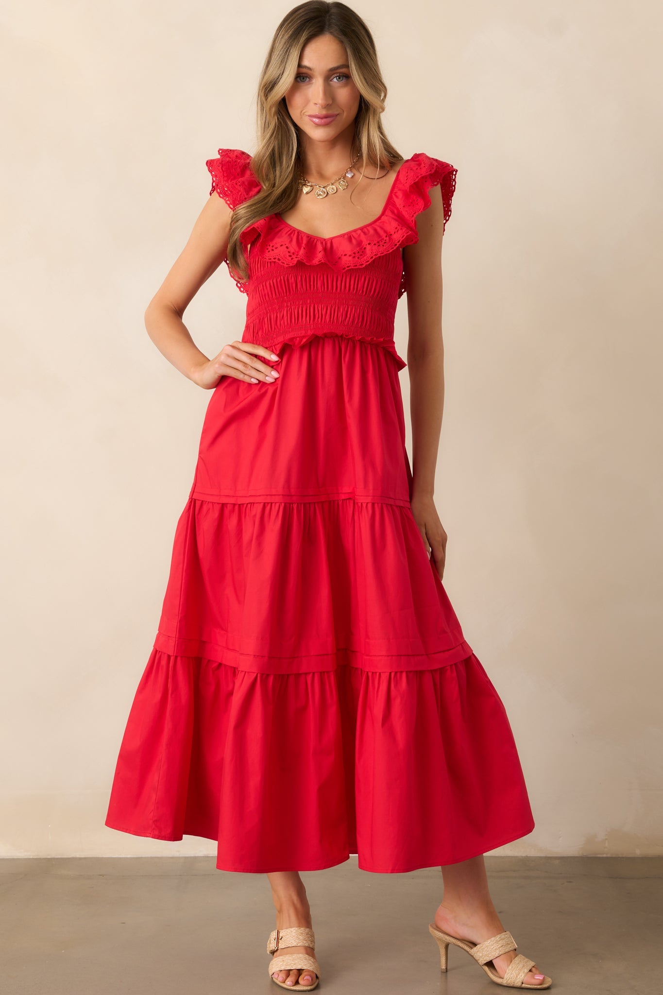 Patio Sunsets Cotton Red Maxi Dress