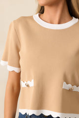 Book Nook Tan Scallop Hem Short Sleeve Top