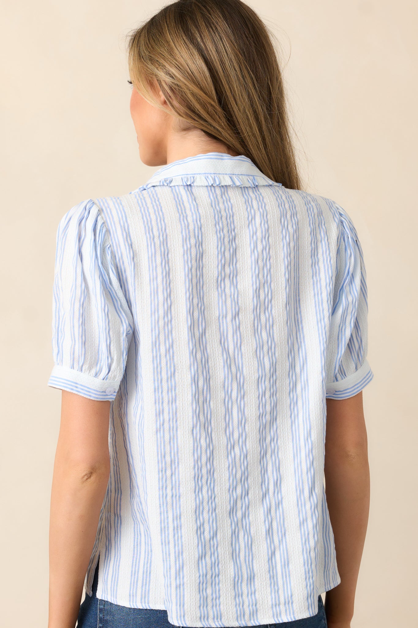 Up In The Clouds Cotton Blue Stripe Button Front Blouse