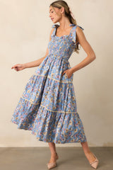 Living A Slow Life Cotton Ash Blue Floral Midi Dress