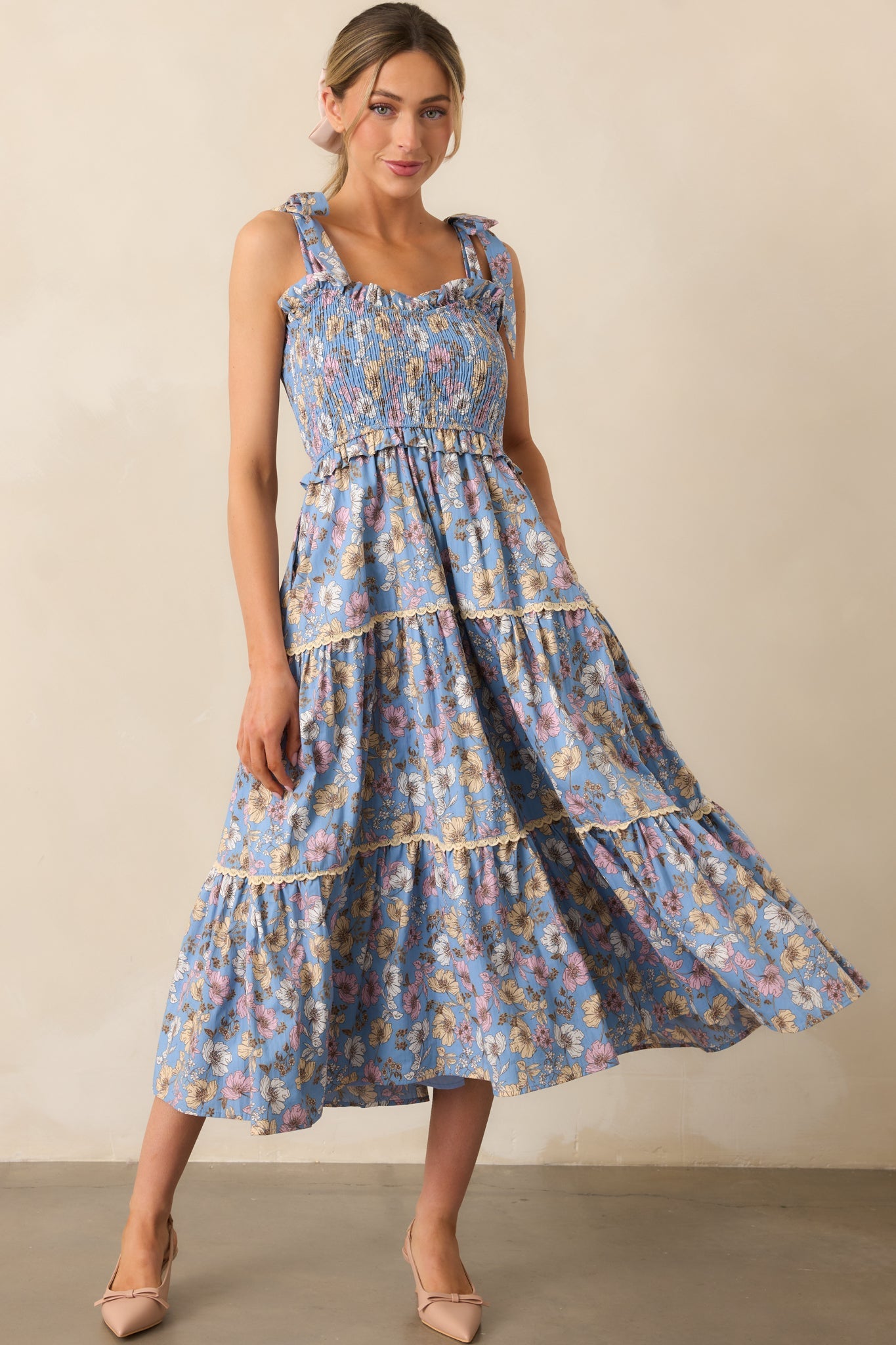 Living A Slow Life Cotton Ash Blue Floral Midi Dress