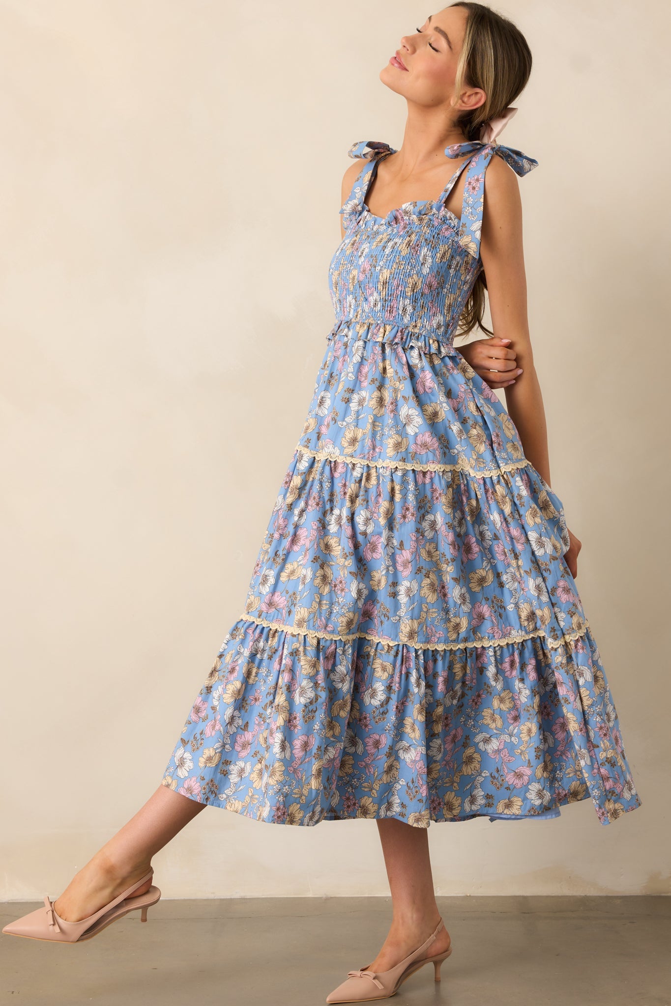 Living A Slow Life Cotton Ash Blue Floral Midi Dress