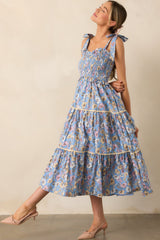 Living A Slow Life Cotton Ash Blue Floral Midi Dress