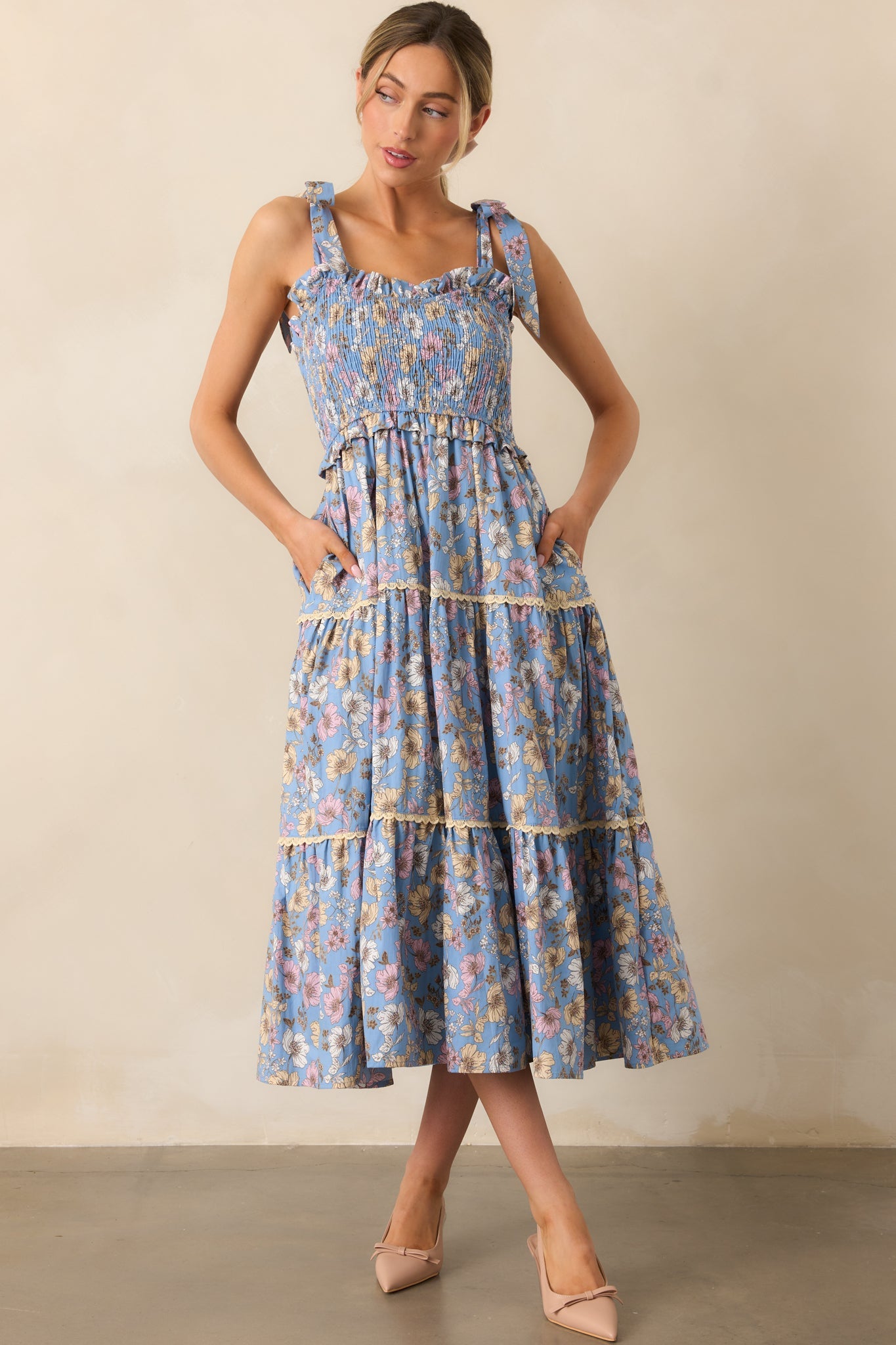 Living A Slow Life Cotton Ash Blue Floral Midi Dress
