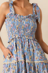 Living A Slow Life Cotton Ash Blue Floral Midi Dress