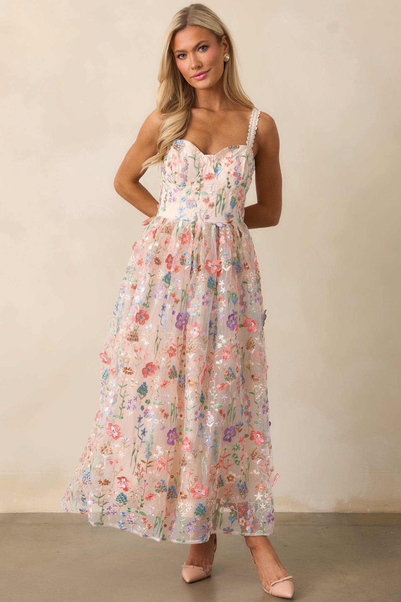 Social Season Rose Pink Floral Embroidered Maxi Dress