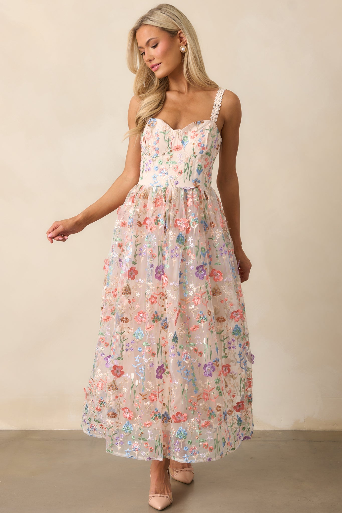 Social Season Rose Pink Floral Embroidered Maxi Dress