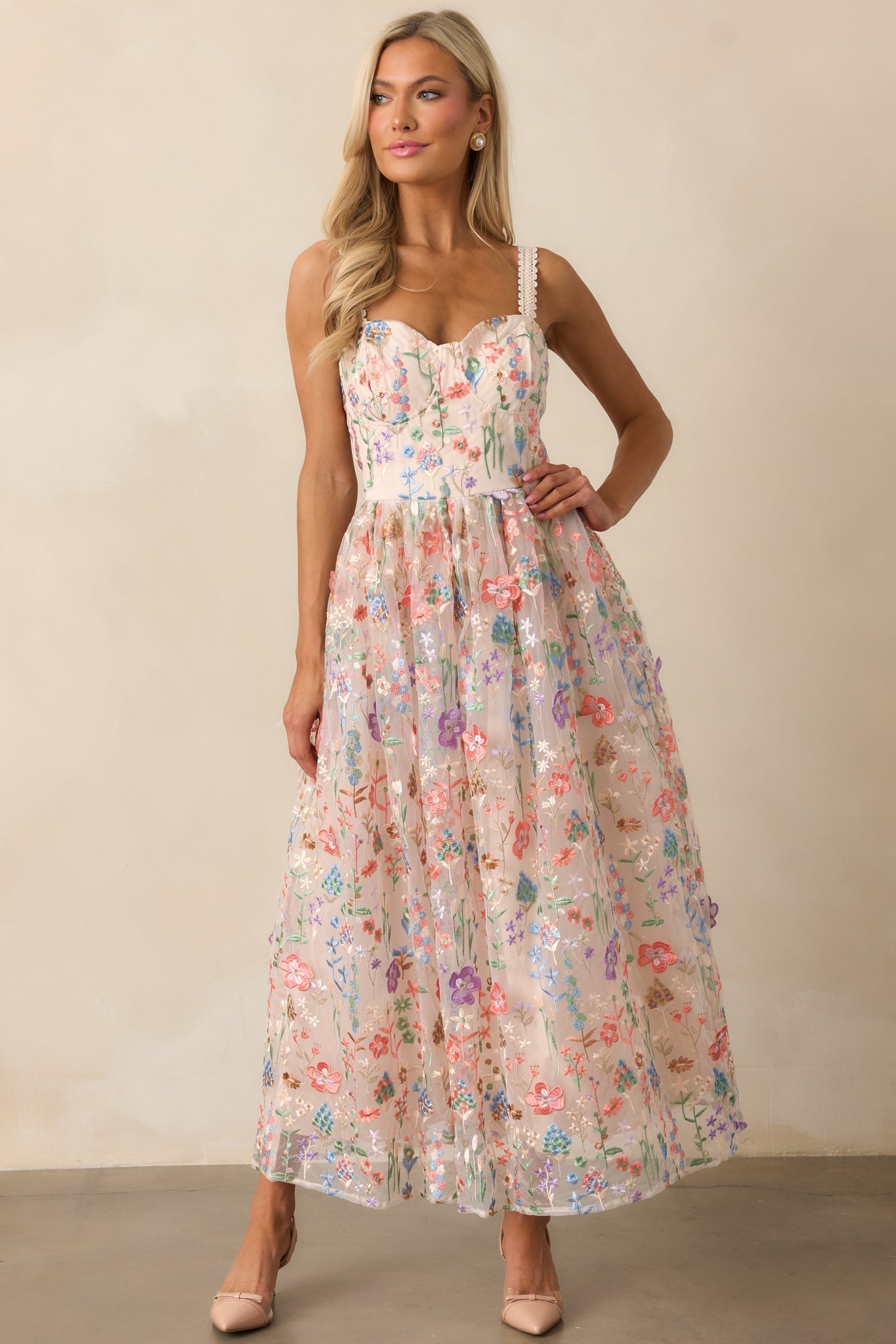 Social Season Rose Pink Floral Embroidered Maxi Dress