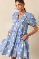 Against All Odds Blue Stripe Floral Cotton Puff Sleeve Mini Dress