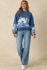Alpine Ski Dark Blue Multi Cotton Crewneck Sweatshirt