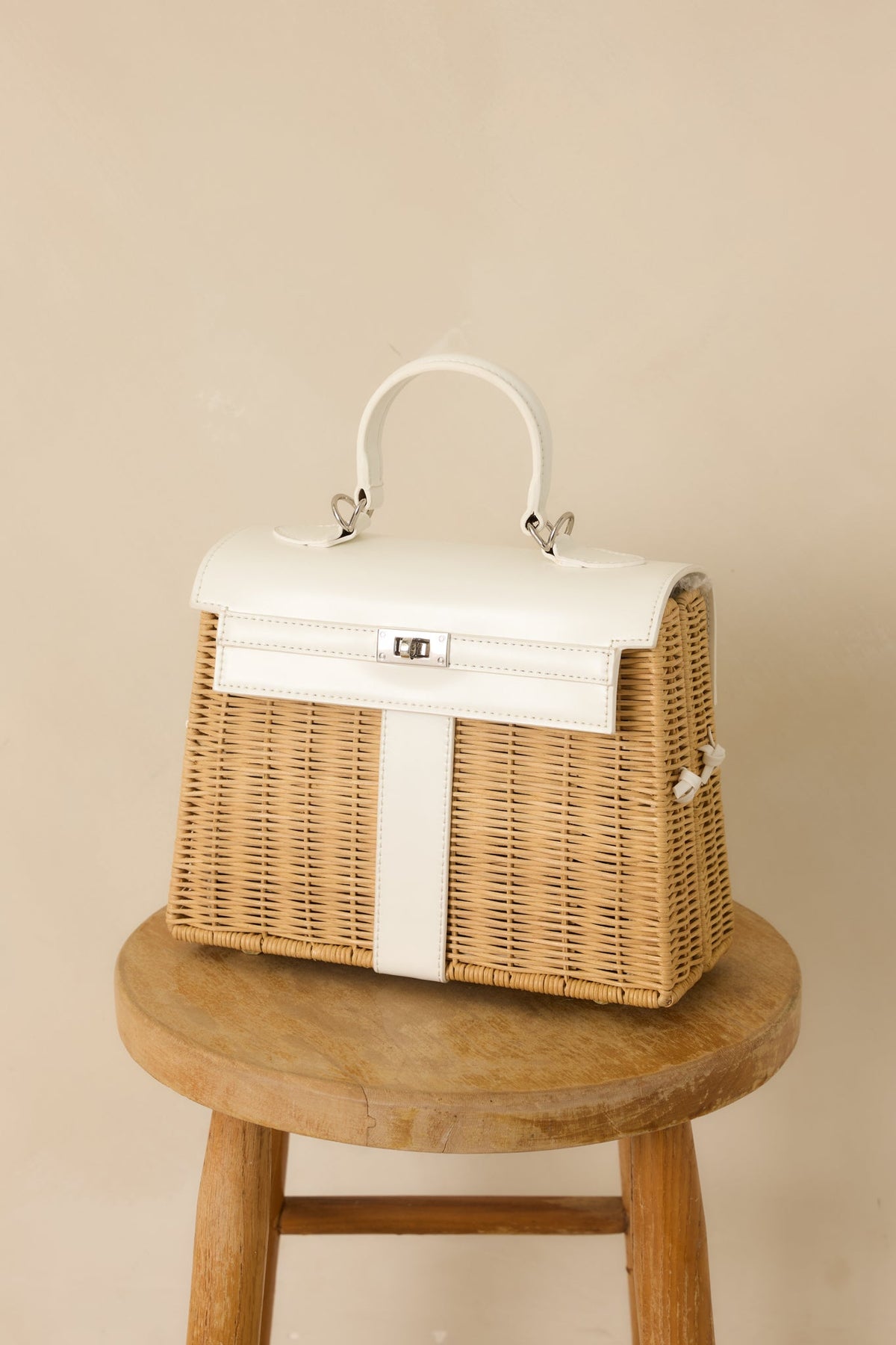 Reserved For You White Faux Leather Structured Woven Handbag