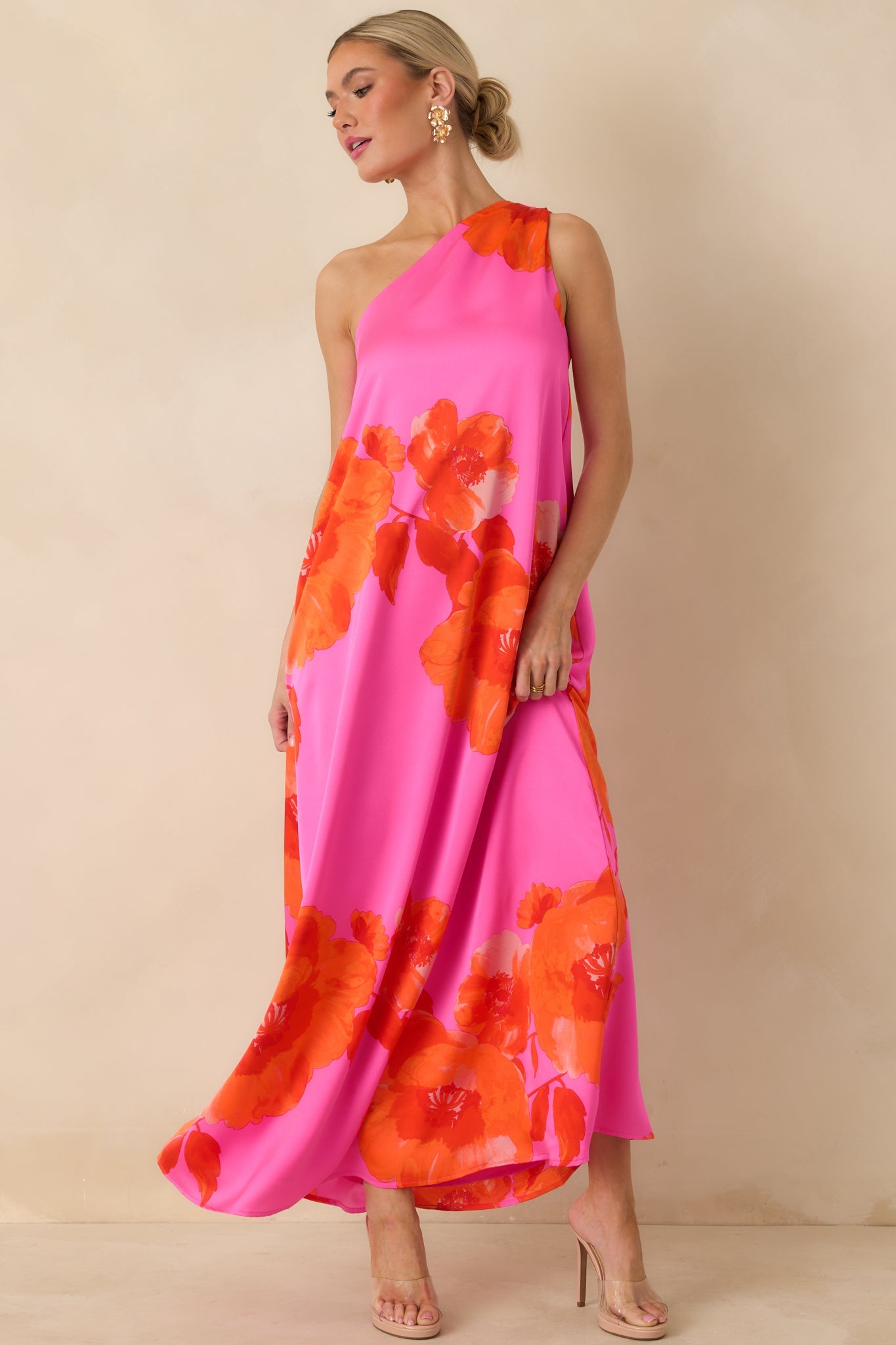 No Introduction Pink Multi Floral Print Satin One Shoulder Maxi Dress