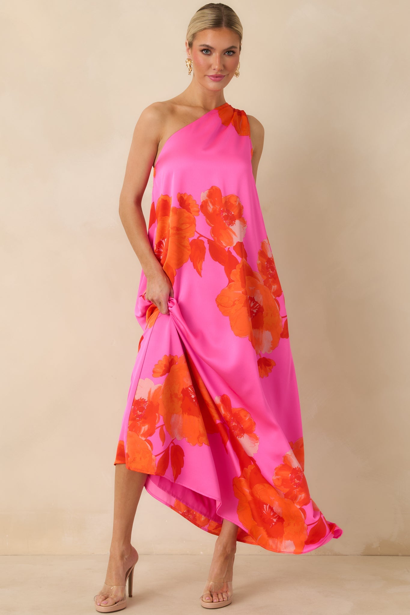 No Introduction Pink Multi Floral Print Satin One Shoulder Maxi Dress