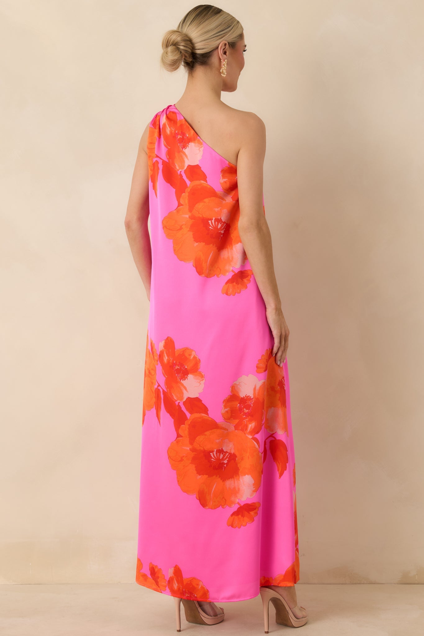 No Introduction Pink Multi Floral Print Satin One Shoulder Maxi Dress