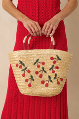 Happened So Sweetly Natural Woven Cherry Embroidered Tote Bag