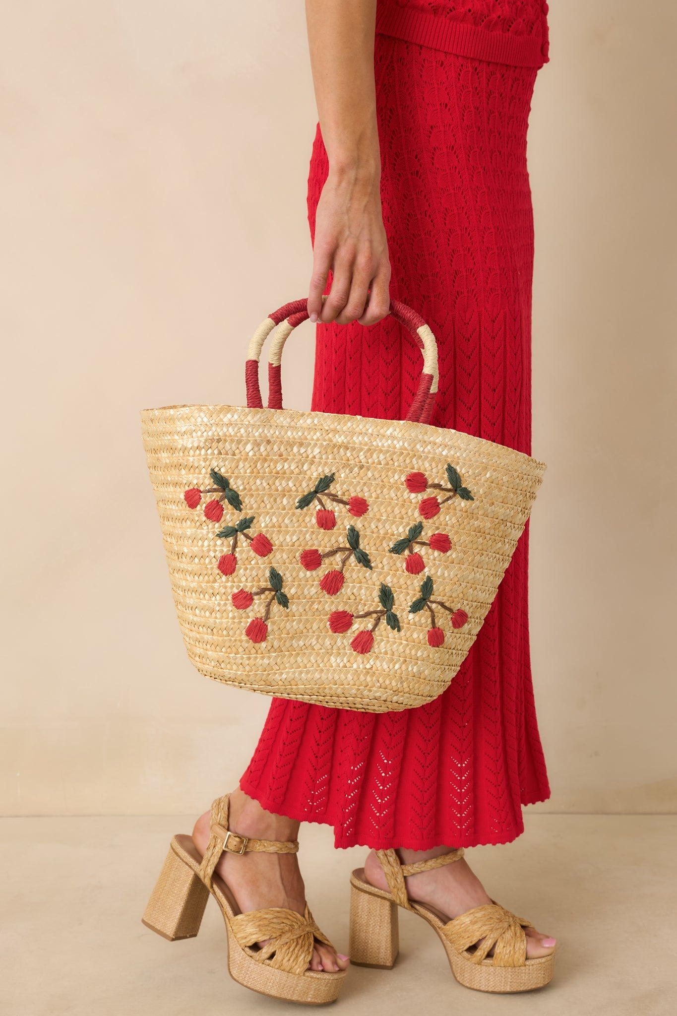 Happened So Sweetly Natural Woven Cherry Embroidered Tote Bag