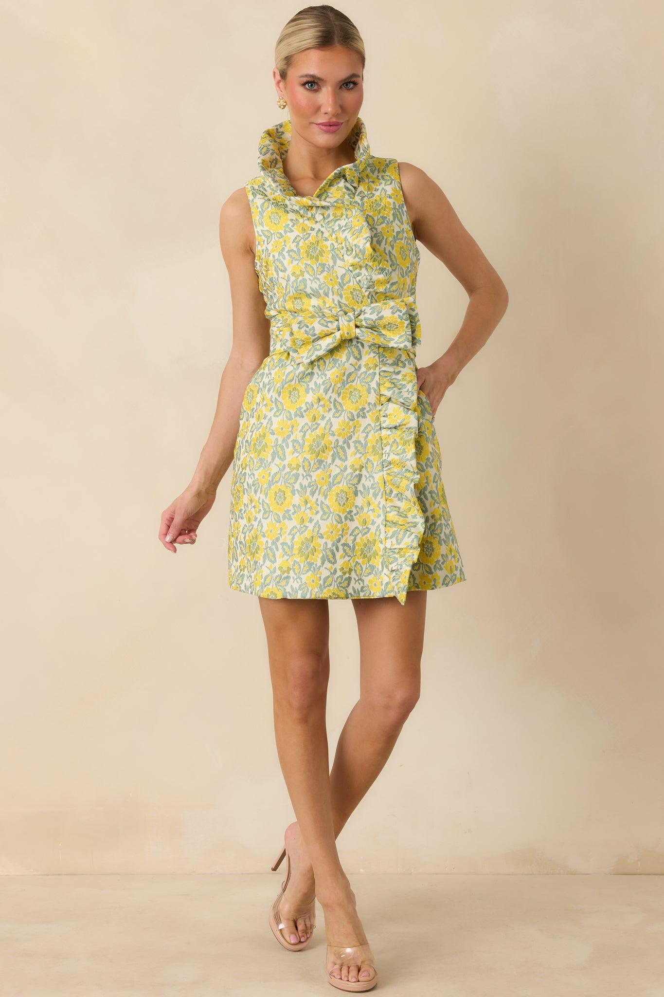Prosperina Lilly Yellow Multi Floral Jacquard Ruffle Mini Dress