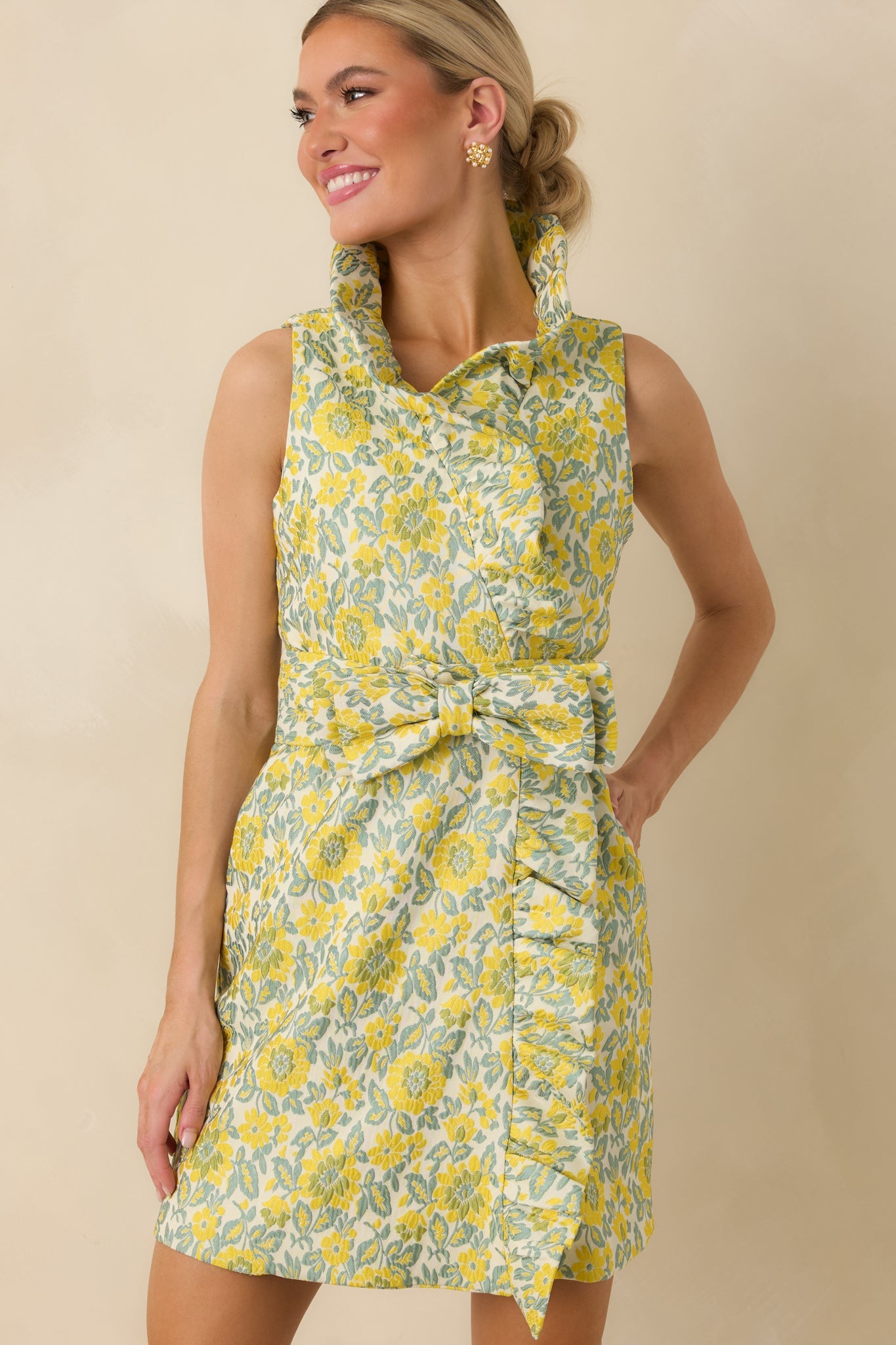 Prosperina Lilly Yellow Multi Floral Jacquard Ruffle Mini Dress