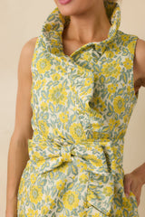 Prosperina Lilly Yellow Multi Floral Jacquard Ruffle Mini Dress