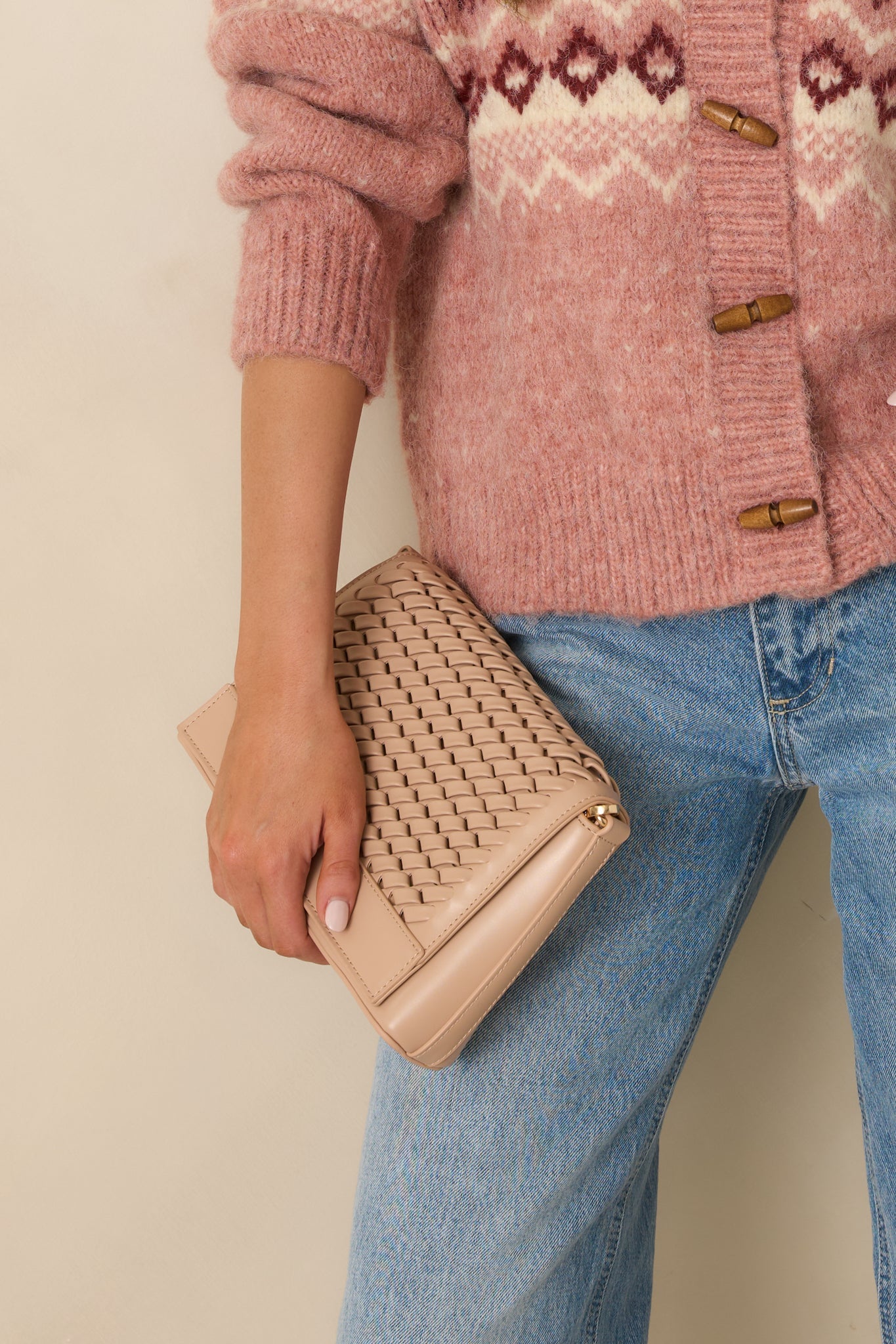 A Little Off Track Beige Woven Faux Leather Handbag