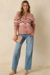In Other Words Rose Pink Fair Isle Knit Toggle Button Up Cardigan